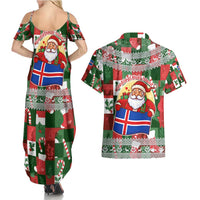 Iceland Christmas Couples Matching Summer Maxi Dress and Hawaiian Shirt with Green & Red Candy Cane Pattern Santa Claus and National Flag Motif - Wonder Print Shop