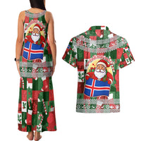 Iceland Christmas Couples Matching Tank Maxi Dress and Hawaiian Shirt with Green & Red Candy Cane Pattern Santa Claus and National Flag Motif - Wonder Print Shop