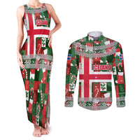 Iceland Christmas Couples Matching Tank Maxi Dress and Long Sleeve Button Shirt with Green & Red Candy Cane Pattern Santa Claus and National Flag Motif - Wonder Print Shop