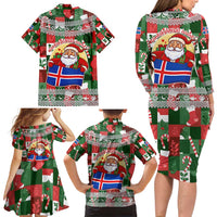 Iceland Christmas Family Matching Long Sleeve Bodycon Dress and Hawaiian Shirt with Green & Red Candy Cane Pattern Santa Claus and National Flag Motif - Wonder Print Shop