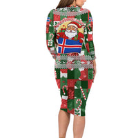 Iceland Christmas Family Matching Long Sleeve Bodycon Dress and Hawaiian Shirt with Green & Red Candy Cane Pattern Santa Claus and National Flag Motif - Wonder Print Shop