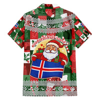 Iceland Christmas Family Matching Off The Shoulder Long Sleeve Dress and Hawaiian Shirt with Green & Red Candy Cane Pattern Santa Claus and National Flag Motif - Wonder Print Shop