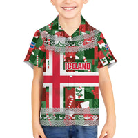 Iceland Christmas Family Matching Off The Shoulder Long Sleeve Dress and Hawaiian Shirt with Green & Red Candy Cane Pattern Santa Claus and National Flag Motif - Wonder Print Shop