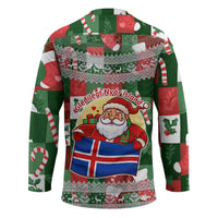 Iceland Christmas Hockey Jersey with Green & Red Candy Cane Pattern Santa Claus and National Flag Motif - Wonder Print Shop