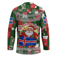 Iceland Christmas Hockey Jersey with Green & Red Candy Cane Pattern Santa Claus and National Flag Motif - Wonder Print Shop