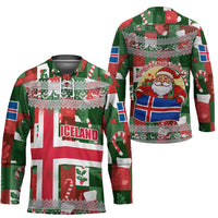 Iceland Christmas Hockey Jersey with Green & Red Candy Cane Pattern Santa Claus and National Flag Motif - Wonder Print Shop