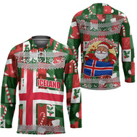 Iceland Christmas Hockey Jersey with Green & Red Candy Cane Pattern Santa Claus and National Flag Motif - Wonder Print Shop
