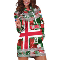 Iceland Christmas Hoodie Dress with Green & Red Candy Cane Pattern Santa Claus and National Flag Motif - Wonder Print Shop