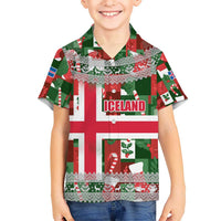 Iceland Christmas Kid Hawaiian Shirt with Green & Red Candy Cane Pattern Santa Claus and National Flag Motif - Wonder Print Shop