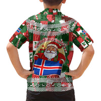 Iceland Christmas Kid Hawaiian Shirt with Green & Red Candy Cane Pattern Santa Claus and National Flag Motif - Wonder Print Shop