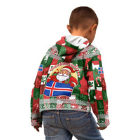 Iceland Christmas Kid Hoodie with Green & Red Candy Cane Pattern Santa Claus and National Flag Motif - Wonder Print Shop