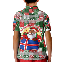 Iceland Christmas Kid Polo Shirt with Green & Red Candy Cane Pattern Santa Claus and National Flag Motif - Wonder Print Shop