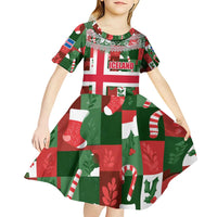 Iceland Christmas Kid Short Sleeve Dress with Green & Red Candy Cane Pattern Santa Claus and National Flag Motif - Wonder Print Shop