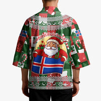 Iceland Christmas Kimono with Green & Red Candy Cane Pattern Santa Claus and National Flag Motif - Wonder Print Shop