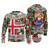 Iceland Christmas Ugly Christmas Sweater with Green & Red Candy Cane Pattern Santa Claus and National Flag Motif - Wonder Print Shop