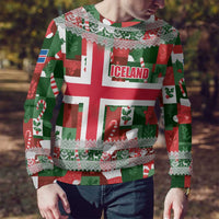 Iceland Christmas Ugly Christmas Sweater with Green & Red Candy Cane Pattern Santa Claus and National Flag Motif - Wonder Print Shop