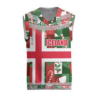 Iceland Christmas Knitted V-Neck Vest with Green & Red Candy Cane Pattern Santa Claus and National Flag Motif - Wonder Print Shop