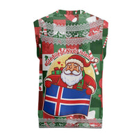 Iceland Christmas Knitted V-Neck Vest with Green & Red Candy Cane Pattern Santa Claus and National Flag Motif - Wonder Print Shop