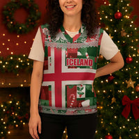 Iceland Christmas Knitted V-Neck Vest with Green & Red Candy Cane Pattern Santa Claus and National Flag Motif - Wonder Print Shop