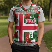 Iceland Christmas Knitted V-Neck Vest with Green & Red Candy Cane Pattern Santa Claus and National Flag Motif - Wonder Print Shop