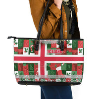 Iceland Christmas Leather Tote Bag with Green & Red Candy Cane Pattern Santa Claus and National Flag Motif - Wonder Print Shop
