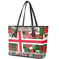 Iceland Christmas Leather Tote Bag with Green & Red Candy Cane Pattern Santa Claus and National Flag Motif - Wonder Print Shop