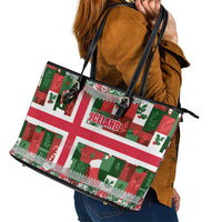 Iceland Christmas Leather Tote Bag with Green & Red Candy Cane Pattern Santa Claus and National Flag Motif - Wonder Print Shop