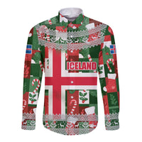 Iceland Christmas Long Sleeve Button Shirt with Green & Red Candy Cane Pattern Santa Claus and National Flag Motif - Wonder Print Shop