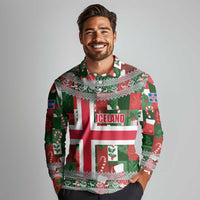 Iceland Christmas Long Sleeve Polo Shirt with Green & Red Candy Cane Pattern Santa Claus and National Flag Motif - Wonder Print Shop