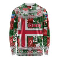 Iceland Christmas Long Sleeve Shirt with Green & Red Candy Cane Pattern Santa Claus and National Flag Motif - Wonder Print Shop