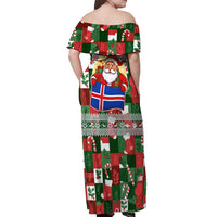 Iceland Christmas Off Shoulder Maxi Dress with Green & Red Candy Cane Pattern Santa Claus and National Flag Motif - Wonder Print Shop