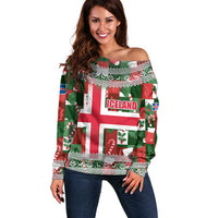 Iceland Christmas Off Shoulder Sweater with Green & Red Candy Cane Pattern Santa Claus and National Flag Motif - Wonder Print Shop