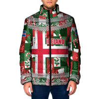 Iceland Christmas Padded Jacket with Green & Red Candy Cane Pattern Santa Claus and National Flag Motif - Wonder Print Shop