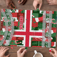 Iceland Christmas Puzzle with Green & Red Candy Cane Pattern Santa Claus and National Flag Motif - Wonder Print Shop