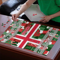 Iceland Christmas Puzzle with Green & Red Candy Cane Pattern Santa Claus and National Flag Motif - Wonder Print Shop