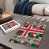 Iceland Christmas Puzzle with Green & Red Candy Cane Pattern Santa Claus and National Flag Motif - Wonder Print Shop