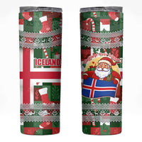 Iceland Christmas Skinny Tumbler with Green & Red Candy Cane Pattern Santa Claus and National Flag Motif - Wonder Print Shop