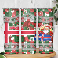Iceland Christmas Skinny Tumbler with Green & Red Candy Cane Pattern Santa Claus and National Flag Motif - Wonder Print Shop