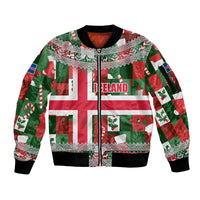 Iceland Christmas Sleeve Zip Bomber Jacket with Green & Red Candy Cane Pattern Santa Claus and National Flag Motif - Wonder Print Shop