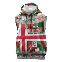 Iceland Christmas Sleeveless Hoodie with Green & Red Candy Cane Pattern Santa Claus and National Flag Motif - Wonder Print Shop
