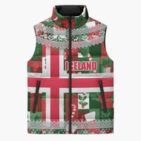 Iceland Christmas Sleeveless Puffer Jacket with Green & Red Candy Cane Pattern Santa Claus and National Flag Motif - Wonder Print Shop