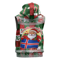 Iceland Christmas Sleeveless Zip Hoodie with Green & Red Candy Cane Pattern Santa Claus and National Flag Motif - Wonder Print Shop