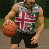 Iceland Christmas Sleeveless Zip Hoodie with Green & Red Candy Cane Pattern Santa Claus and National Flag Motif - Wonder Print Shop