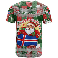 Iceland Christmas T Shirt with Green & Red Candy Cane Pattern Santa Claus and National Flag Motif - Wonder Print Shop