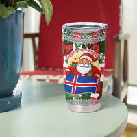 Iceland Christmas Tumbler Cup with Green & Red Candy Cane Pattern Santa Claus and National Flag Motif - Wonder Print Shop