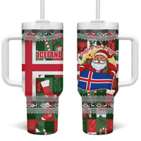 Iceland Christmas Tumbler With Handle with Green & Red Candy Cane Pattern Santa Claus and National Flag Motif - Wonder Print Shop
