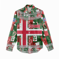 Iceland Christmas Women Casual Shirt with Green & Red Candy Cane Pattern Santa Claus and National Flag Motif - Wonder Print Shop