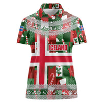 Iceland Christmas Women Polo Shirt with Green & Red Candy Cane Pattern Santa Claus and National Flag Motif - Wonder Print Shop