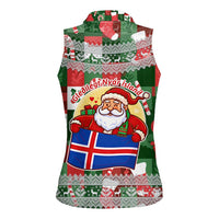 Iceland Christmas Women Sleeveless Polo Shirt with Green & Red Candy Cane Pattern Santa Claus and National Flag Motif - Wonder Print Shop