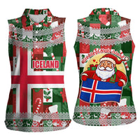 Iceland Christmas Women Sleeveless Polo Shirt with Green & Red Candy Cane Pattern Santa Claus and National Flag Motif - Wonder Print Shop
